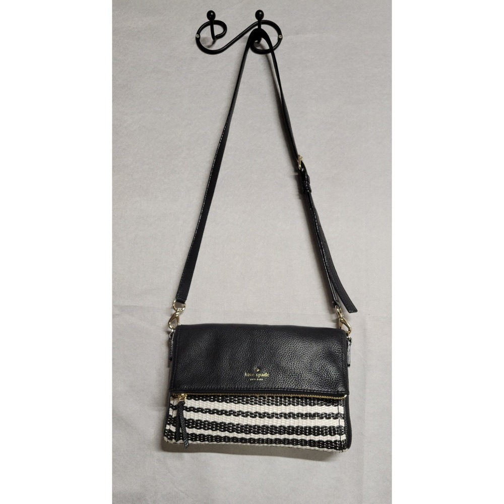 Black White Straw With Black Leather Trim Kate Spade Small Crossbody Bag